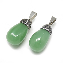Medium Sea Green Natural White Jade Pendants, with Rhinestone and Brass Findings, Dyed, teardrop, Platinum, Jet, Medium Sea Green, 28.5~30x14~16mm, Hole: 9x4.5mm