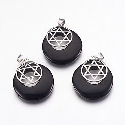 Черный Камень Синтетические черные каменные подвески, для евреев, с латунной фурнитурой платинового цвета, плоские круглые со звездой Давида, 32x28x7 мм, отверстие : 4x5 мм