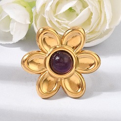 Amethyst 304 Stainless Steel Cuff Open Rings for Women, Flower, with Natural Amethyst, Ion Plating(IP), Golden, US Size 7(17.3mm)