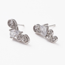 Platinum Brass Micro Pave Clear Cubic Zirconia Stud Earrings, Long-Lasting Plated, Teardrop, Platinum, 16x7.5x3mm, Pin: 0.7mm