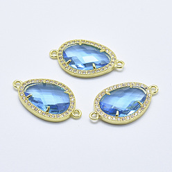 Васильковый Латунные микро проложить кубических ссылки циркония, со стеклом, граненые, слеза, золотые, васильковый, 28x16x4.5 мм, отверстие : 1.6 мм