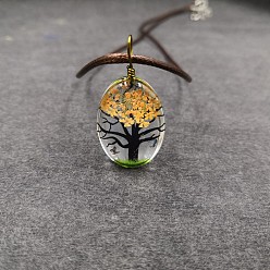 Оранжевый Овальный кулон в виде дерева из сушеных цветов с внутренней стеклянной вставкой из сплава и проволоки, на вощеном шнуре, для женщин., античная бронза, оранжевые, 17.72 дюйм (45 см)