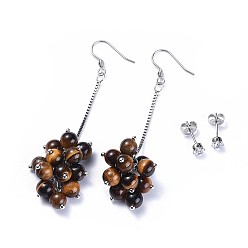 Tiger Eye Earring Sets, with Natural Tiger Eye Round Beads, Cubic Zirconia and Stainless Steel Findings, Cardboard Jewelry Boxes, 72~74mm, Pin: 0.6mm, 13~13.5x4.5mm, Pin: 0.7mm