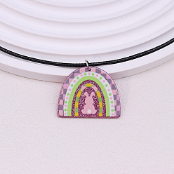 Радуга Красочный кулон в клетку из акрила с рисунком «Счастливой Пасхи» на черном вощеном шнурке для женщин, радуга, 17.72 дюйм (45 см), Кулон : 43x35 мм