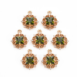 Желто-Зеленый Покрытие стойки латунь микропаве прозрачные подвески из кубического циркония, С граненым стеклом, долговечный, без кадмия и без свинца, плоско-круглые, желто-зеленый, 16.5x14x5 мм, отверстие : 1.2 мм