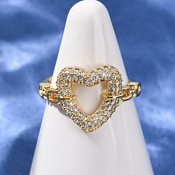 Прозрачный Открытые кольца манжеты из латуни с микропаве и кубическим цирконием, сердце, стойки покрытие, долговечный, без свинца и без кадмия, реальный 18 k позолоченный, прозрачные, 17 мм