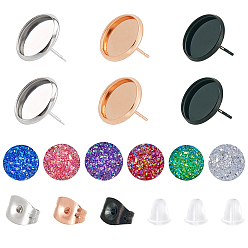 Mixed Color DIY Earring Making Kits Ion Plating(IP), with 304 Stainless Steel Stud Earring Findings, Imitation Druzy Agate Resin Cabochons, Flat Round, Mixed Color, 220pcs/box