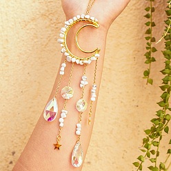 Говлит Натуральный говлит чип висит подвеска в виде ловца солнца украшение, хрустальные стеклянные призматические подвески в форме капли и восьмиугольное звено, с латунной фурнитурой , луна, 260~270 мм