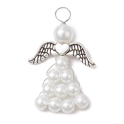 Белый Подвески из перламутровых стеклянных бусин, ангельские прелести, с крыльями из сплава и медной проволокой, белые, 32x20x6 мм, отверстие : 4 мм