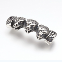 Antique Silver 304 Stainless Steel Slide Charms, Leapord Head, Antique Silver, 47x15.5x9mm, Hole: 7x12mm