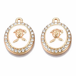 White Rack Plating Alloy Enamel Pendants, with Crystal Rhinestone, Light Gold, Cadmium Free & Nickel Free & Lead Free, Oval Charms with Flower, White, 21x16x4mm, Hole: 1.6mm