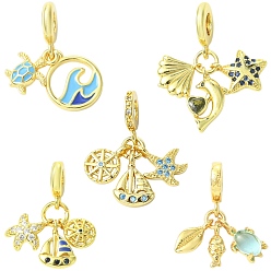 Mixed Shapes 5 шт. 5 стили латунные подвески с кубическим цирконием в европейском стиле, Подвески с большими отверстиями, золотые, долговечный, без свинца и без кадмия, стойки покрытие, разноцветные, разнообразные, 25~29.5 мм, отверстие : 4.5~5 мм, 1 шт / стиль