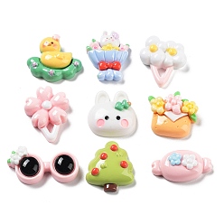 Mixed Color Opaque Resin Cabochons, Rabbit & Flower & Glasses, Mixed Shapes, Mixed Color, 14~24x20~26x7~8.5mm