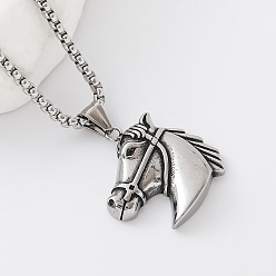 Stainless Steel Color 304 Stainless Steel Horse Head Pendant Box Chain Necklaces for Women, Tarnish Free, Stainless Steel Color, 23.62 inch(60cm)