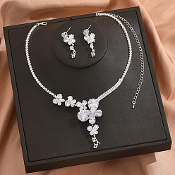 Платина Комплекты из ожерелий и серег-гвоздиков с подвесками в виде бабочек из латуни с микропаве из прозрачных кубических цирконий для женщин, платина, Ожерелье: 370 mm