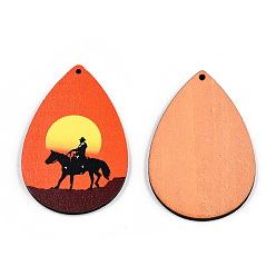 Оранжево-Красный Большие подвески из липы с односторонним принтом, очарование слезы, оранжево-красный, 60x40x3 мм, отверстие : 2 мм