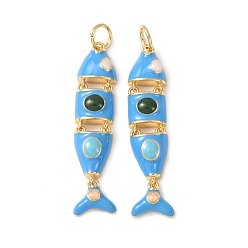 Небесно-голубой Латунь эмаль подвески, рыбы прелести, без кадмия и без свинца, стойки покрытие, долговечный, с целью перехода в кольце, реальный 18 k позолоченный, голубой, 32x8x4 мм, отверстие : 3 мм