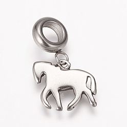 Antique Silver 304 Stainless Steel European Dangle Charms, Large Hole Pendants, Horse, Antique Silver, 22mm, Hole: 5mm, Pendant: 12x15x2mm