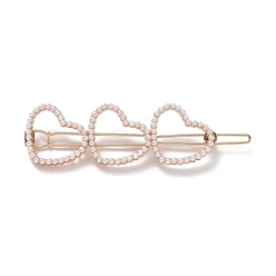 Golden Alloy Hair Barrettes, with Plastic Beads, Heart, Golden, 75x21x7mm