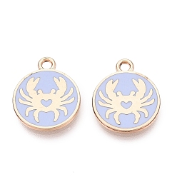 Aciano Azul Colgantes de la aleación del esmalte, Abalorios planos redondos y de cangrejo, chapado en rack, dorado, azul aciano, 16x13x1.5 mm, agujero: 1.6 mm