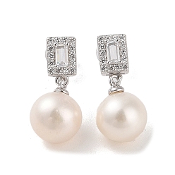 Rectangle Серьги-гвоздики из стерлингового серебра с защитой от потускнения, с натуральным жемчугом и фианитом, украшения для женщин, прямоугольные, 18.5x8.5 мм