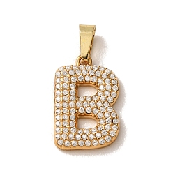 Letter B 304 Stainless Steel Micro Pave Clear Cubic Zirconia Pendants, Letter Charms, Golden, Ion Plating(IP), Letter B, 18x11.5x2.5mm, Hole: 6x2.5mm