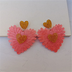 Светло-Коралловый Акриловые серьги-гвоздики в форме сердца, платина, свет коралловый, 60x50 мм