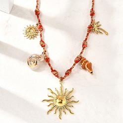 Солнце Летний пляж 304 Женские подвески из нержавеющей стали и натуральных ракушек с гальваническим покрытием, регулируемые шнуры из полиэстера, с керамикой, искусственным жемчугом и стеклом, реальный 18 k позолоченный, солнце, 22.83 дюйм (58 см)