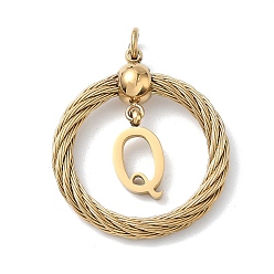 Letter Q 304 подвески из нержавеющей стали, скрученный плоский круглый с буквой, ионное покрытие (ip), реальный 18 k позолоченный, с соединительными кольцами и 201 бусинами из нержавеющей стали, Буква Q, 27x23.5~24x6 мм, отверстие : 3 мм