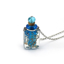 Темно-Голубой Светящиеся прямоугольные ожерелья в виде флаконов для духов лэмпворк, с цепями из нержавеющей стали, глубокое синее небо, 23.62 дюйм (60 см), Кулон : 15x27 мм, емкость: 0.5 мл (0.02 жидких унций)