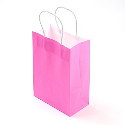 Hot Pink Pure Color Kraft Paper Bags, Gift Bags, Shopping Bags, with Paper Twine Handles, Rectangle, Hot Pink, 21x15x8cm