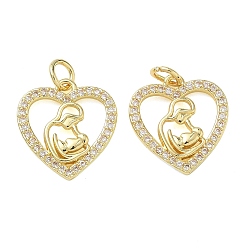 Real 18K Gold Plated Brass Micro Pave Clear Cubic Zirconia Pendants, Heart Charms, Real 18K Gold Plated, 16x15x2mm