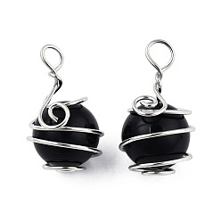 Obsidian Natural Obsidian Pendants, with Platinum Plated Brass Wire Wrapped, Round Charm, 28.5~34x18.5~20x17~19mm, Hole: 4~5.5mm