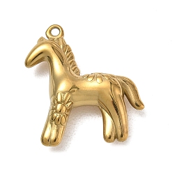 Golden 201 Stainless Steel Pendants, Ion Plating(IP), Horse with Flower Charms, Golden, 22.5x19x5.5mm, Hole: 1.2mm