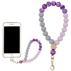 Medium Purple 1Pc Silicone & Wood Pendant Decorations, with Alloy Lobster Claw Clasps, Round, Golden, Medium Purple, 220mm
