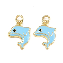 Dolphin Латунь эмаль подвески, с целью перехода в кольце, долговечный, стойки покрытие, реальный 18 k позолоченный, голубой, дельфин очарование, 16x13x2 мм, отверстие : 3 мм