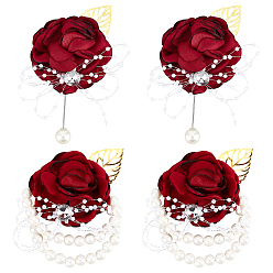 Темно-Красный 2наборы шелковая ткань имитация цветка запястье, браслеты с имитацией жемчуга, для свадьбы, партийные украшения, темно-красный, 75~110x65~75x31~34 мм