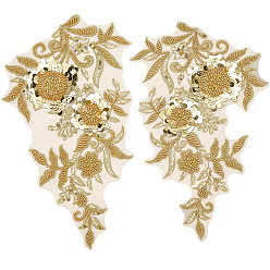 Золотистый 1пара аксессуаров для украшения из цветочного кружева и полиэстера с вышивкой из органзы, с пайетками для украшения шитья, золотые, 305x195x3 мм