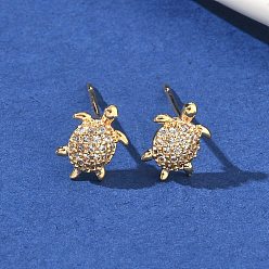 Настоящее золото 18K Женские серьги-гвоздики из латуни с микропаве и прозрачным кубическим цирконием, черепаха, реальный 18 k позолоченный, 9.5x6.5 мм