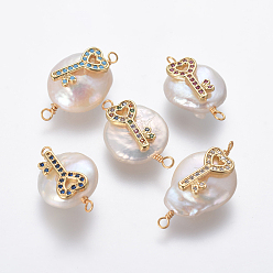 Color mezclado Conectores de eslabones de perlas naturales, con micro latón allanar hallazgos de circonio cúbico, pepitas con llave de corazón, dorado, color mezclado, 21~25x13~15x6~8 mm, agujero: 1.6 mm