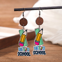 Pen Деревянные серьги-подвески с принтом ко Дню учителя., красочный, ручка, 70x25 мм