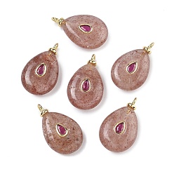 Клубничный Кварц Натуральные кварцевые подвески из клубники, подвески в форме слезы с латунной микрофиброй из кубических цирконий, без свинца и без кадмия, долговечный, стойки покрытие, реальный 18 k позолоченный, 23~25x13~15x6 мм, отверстие : 2 мм