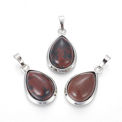 Красный Обсидиан Натурального красного дерева обсидиана подвески, с латунной фурнитурой , слеза, платина, 26x16~17x8~10 мм, отверстие : 8x5 мм