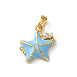 Светло-Голубой Латунные микро проложить кубического циркония подвески, Эмаль стиле, морская звезда, золотые, Небесно-голубой, 16x15x3.5 мм, отверстие : 3.5x3 мм