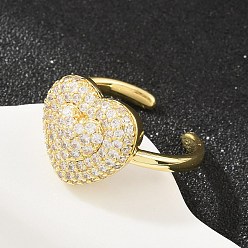 Clear Heart Brass Micro Pave Cubic Zirconia Cuff Open Rings for Women, Cadmium Free & Lead Free, Rack Plating, Real 18K Gold Plated, Clear, 18mm