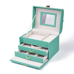Medium Aquamarine PU Leather Jewelry Organizer Box, with Wood Inside Box & Mirror, Portable Jewelry Storage Case, for Ring, Earrings and Necklace, Rectangle, Medium Aquamarine, 15x12.5x12.5cm