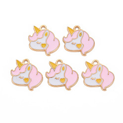 Pink Alloy Enamel Pendants, Cadmium Free & Lead Free, Light Gold, Unicorn, Pink, 16.5x15x1.5mm, Hole: 1.5mm