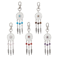 Смешанные камни Тканая сетка/паутина с подвесными украшениями из перьевого сплава, с натуральным агатом, розовым кварцем, тигровым глазом, аметистом и синтетической крошкой говлита, 107~112 мм, 5 шт / комплект