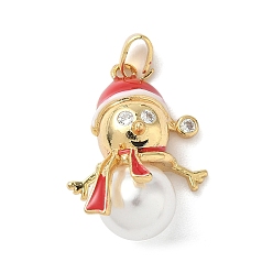 Снеговик Рождественские латунные эмалевые подвески с микропаве из кубических цирконий, с пластиковой жемчужины, золотые, снеговик, 24x17x11 мм, отверстие : 5x3 мм