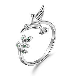 Platinum Rhodium Plated 925 Sterling Silver Cuff Rings, Open Rings, with Grade AAA Cubic Zirconia, Bird with Leaf, Platinum, Size 7, Inner Diameter: 17mm